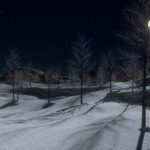 A winter moon shines on a snowy landscape