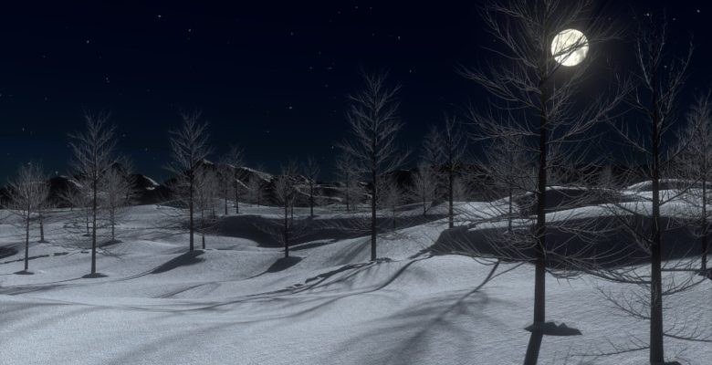 A winter moon shines on a snowy landscape